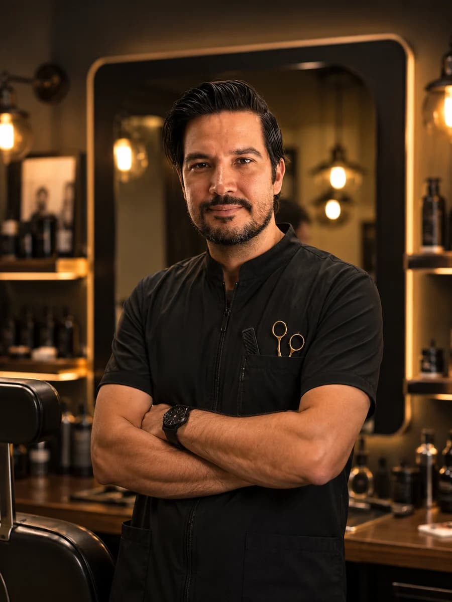 Denis Garcia, barbeiro brasileiro, na barbearia